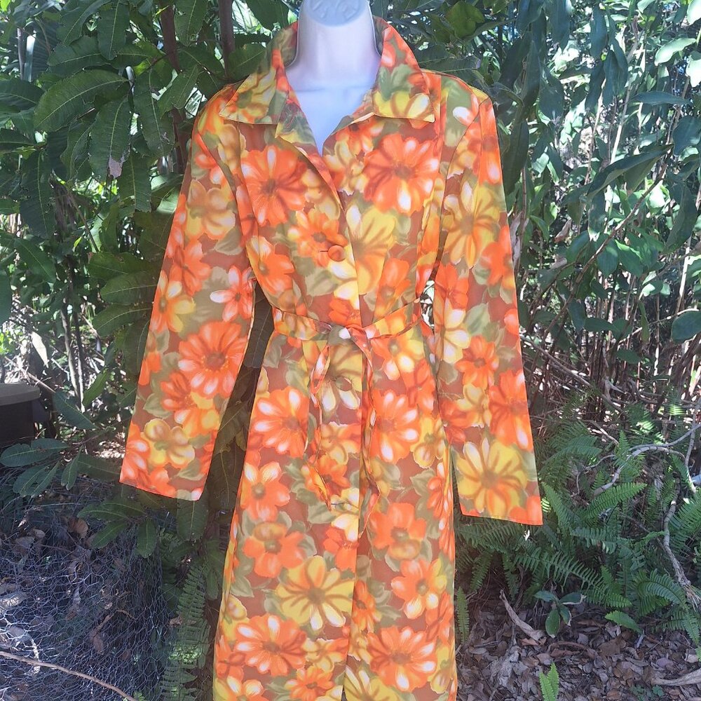 Vintage Aqua-Sheen Raincoat L Belted Orange Floral Hawaiian Aloha - Picture 1 of 5